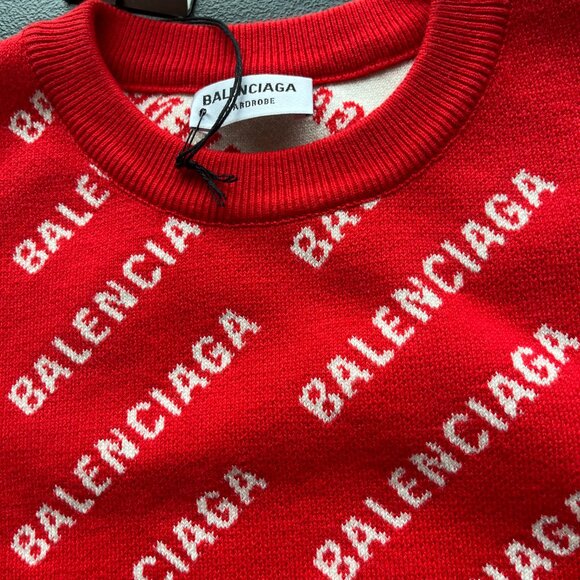 NWT Balenciaga Long Sleeve Knit Top Crewneck Mini Logo Allover Red Wool Blend - Picture 5 of 9